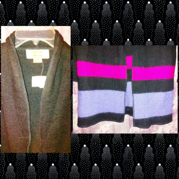 Tally-Ho brand Blk/Magenta/Lavender Striped 100% Wool Long Knit Cardigan Sz Med - Picture 3 of 6